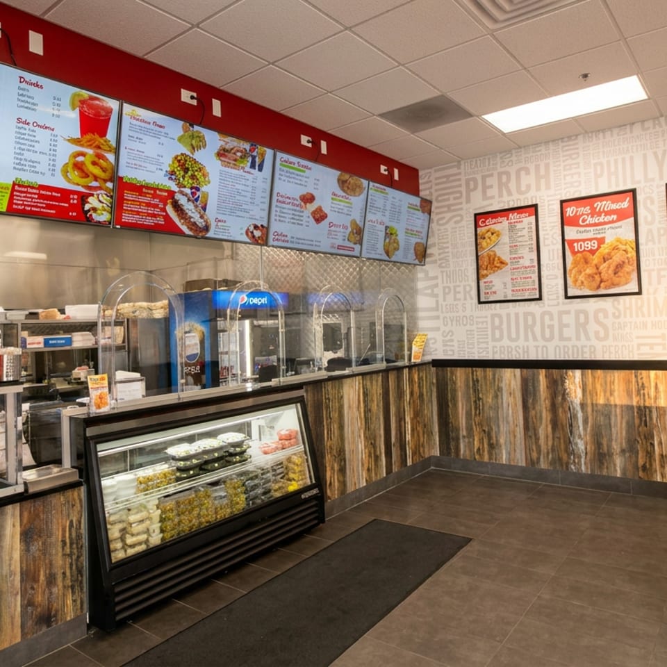 Fast-food restaurant interior with digital menus, food display case, service counter, soda fountain, and black waiting chairs.