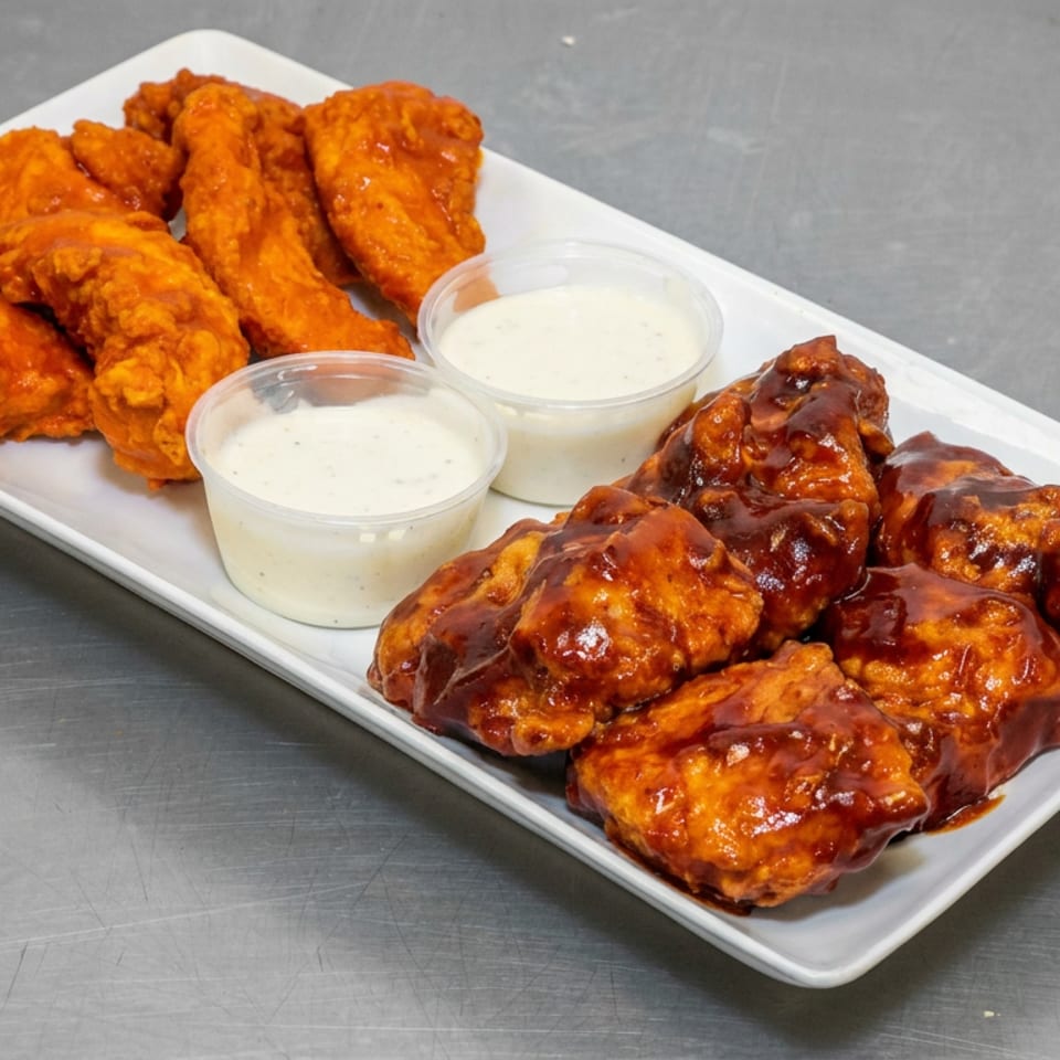 Platter of crispy orange and barbecue-glazed chicken wings served with two cups of creamy dipping sauce.