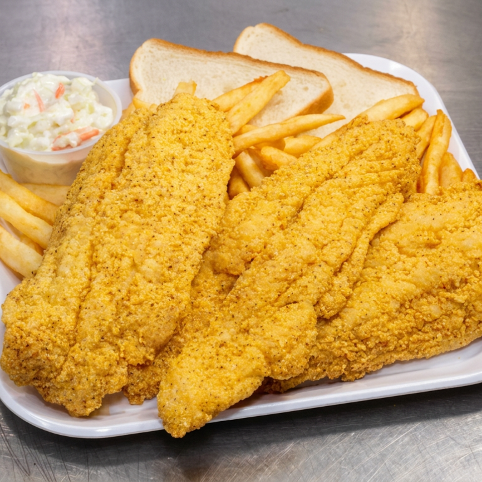 Plate of golden fried fish fillets with French fries, toast, and coleslaw on a white platter.