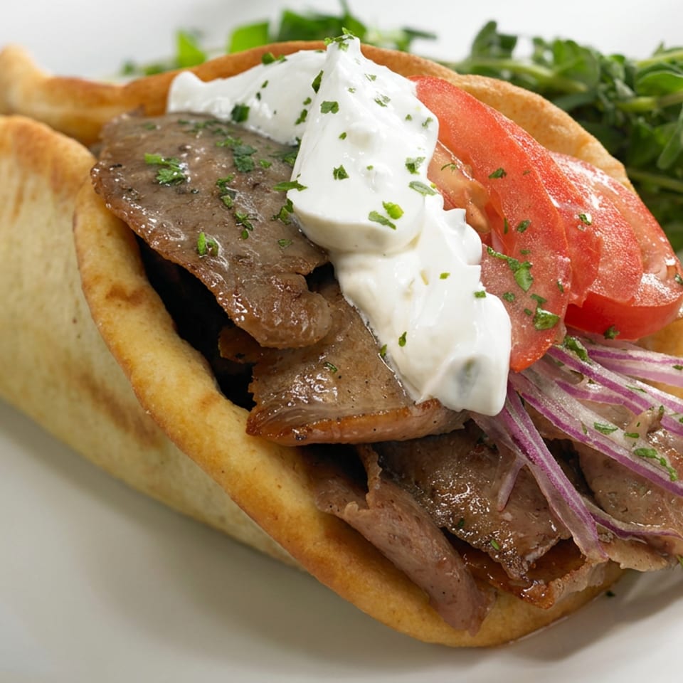 Gyro pita filled with sliced seasoned meat, tomato, red onion, creamy tzatziki, and fresh herbs on a white plate.