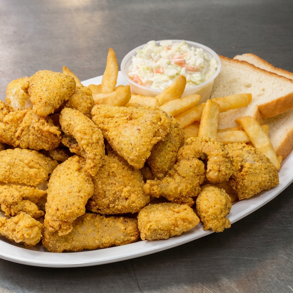 Plate of golden fried seafood with French fries, white bread slices, and coleslaw on a metal table.