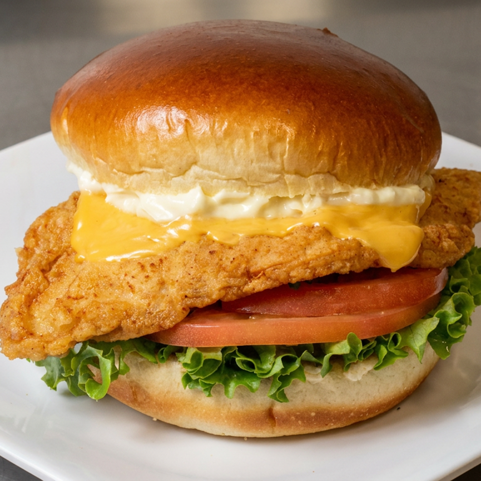 Crispy fried chicken sandwich with melted cheddar, lettuce, tomato, and mayonnaise on a toasted brioche bun.