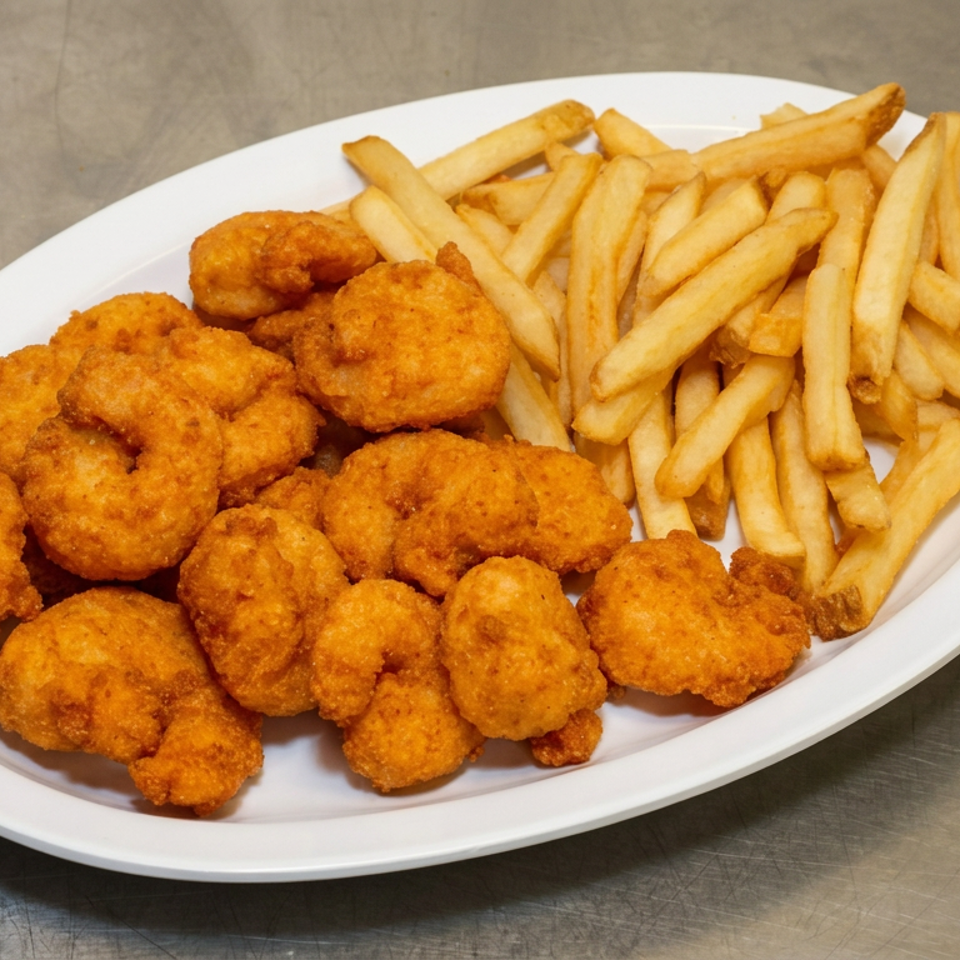 Plate of golden breaded chicken nuggets served with French fries on a white platter.
