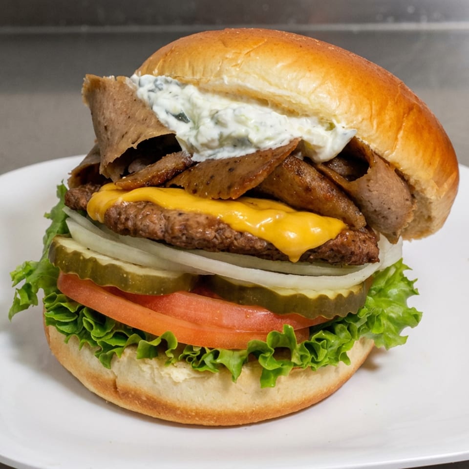 Loaded cheeseburger with steak strips, creamy sauce, lettuce, tomato, pickles, and onion on a white plate.