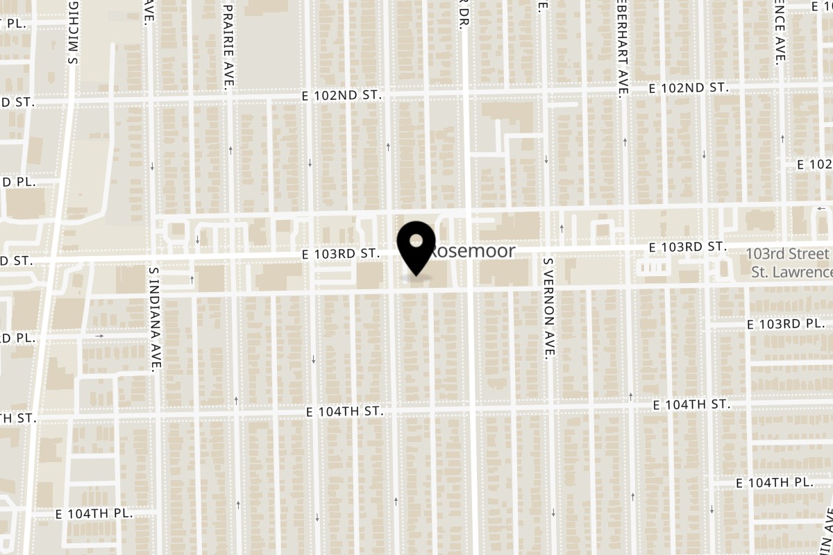 Map showing the location of Captain Hooks Fish and Chicken 103rd St on 343 E 103rd St in Chicago